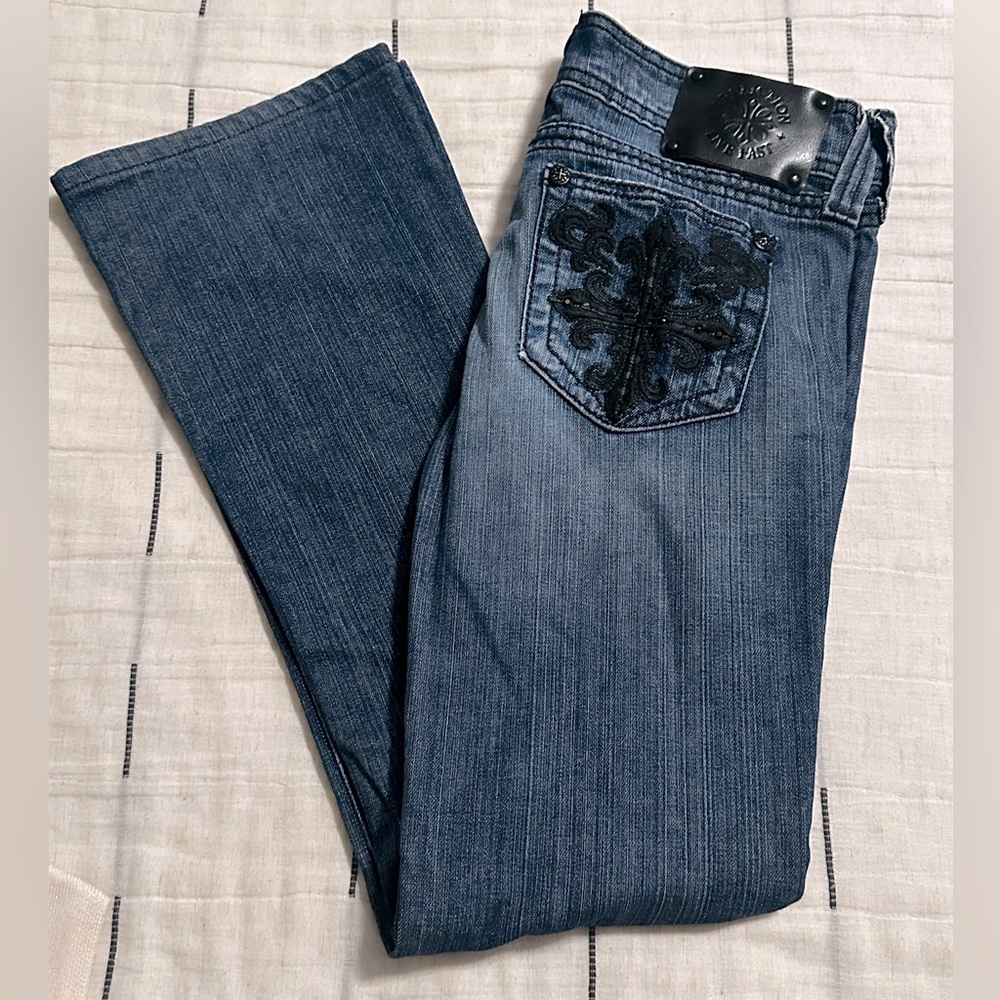 Affliction JADE Bootcut blue denim, distressed jeans with black embellishments